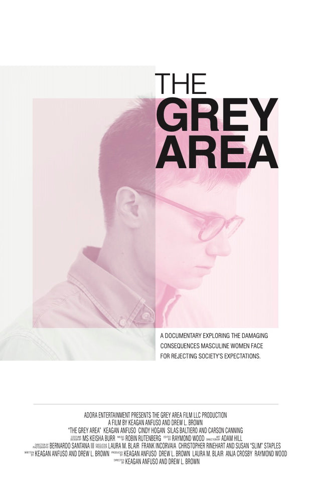 Film poster for "The Grey Area" with person looking down and light pink square in middle.