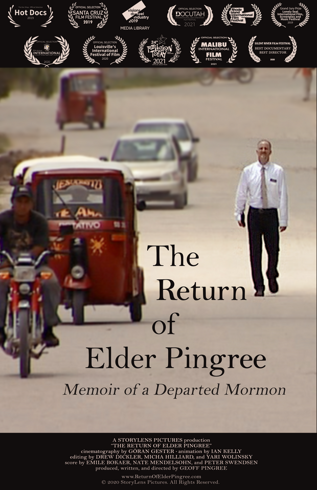 Film poster for "The Return of Elder Pingree - Memoir of A Departed Mormon" with man walking in the middle of the road with cars.