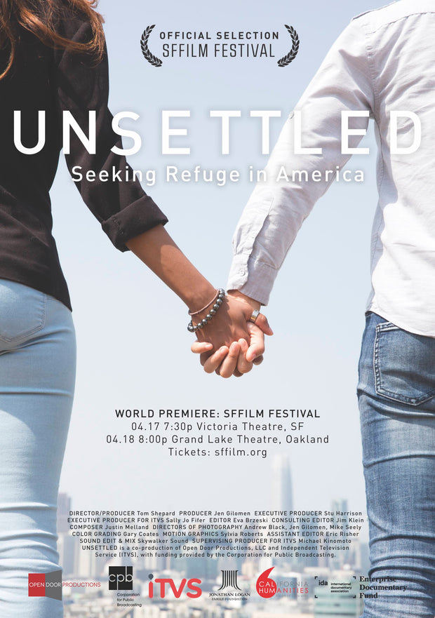 Film poster for "Unsettled: Seeking Refuge in America" with people holding hands.