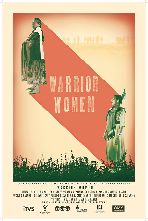 Film poster for "Warrior Women" with two Native American women standing on grassland and orange background.