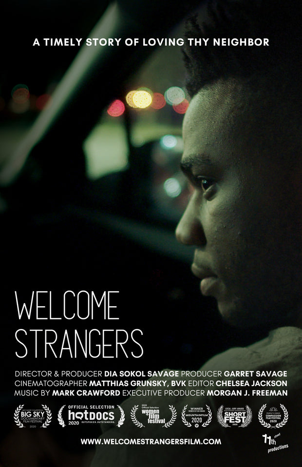 Film poster for "Welcome Strangers" with side profile of man sitting in car.