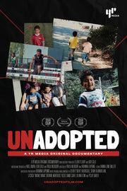 Film poster for "Unadopted" with baby pictures on black background.