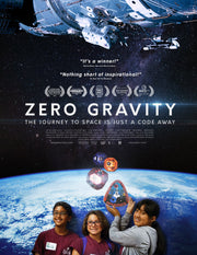Film poster for "Zero Gravity" with three kids posing in outer space background.