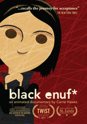 Film poster for "black enuf*" with illustration of young girl's head in red background.
