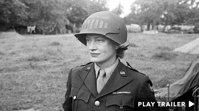 Trailer for documentary "Capturing Lee Miller" directed by Teresa Griffiths. Woman in uniform in black and white. https://vimeo.com/433383279