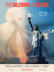 Film poster for "The Dilemma of Desire" with Statue of Liberty and clouds.