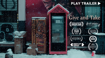 Trailer for documentary "Give and Take" directed by Gareth Smit. Red food bank fridge covered in snow. https://vimeo.com/772223414