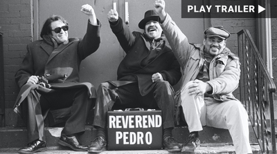 Trailer for documentary “Nuyorican Poets Cafe” directed by Ray Santisteban. A black and white image with three men sitting down and holding their fists up. A briefcase in the middle has the word "Reverend Pedro." https://vimeo.com/856911805