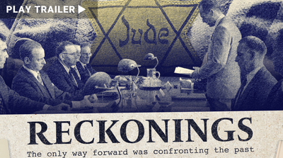 Trailer for documentary "Reckonings" directed by Roberta Grossman. Group of men sitting at table in black and white. https://vimeo.com/732549075